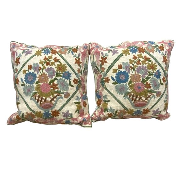 Floral Wool Chain Stitch Tapestry Pillows Size 18 Inch Square